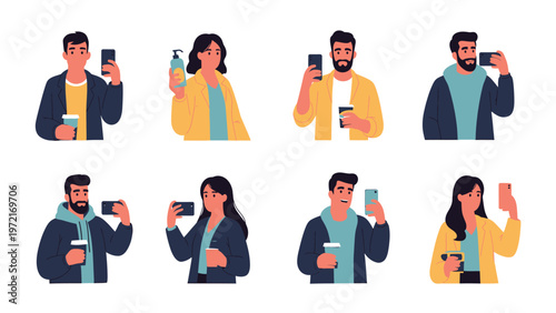 People taking selfies, recording videos, and creating content with smartphones. Modern digital lifestyle, social media, and online communication.