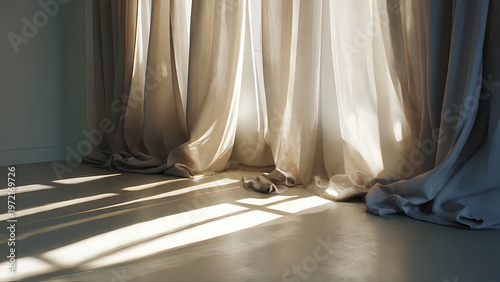 Sunlight streams through sheer curtains, casting dramatic shadows on a polished floor, creating a serene and minimalist ambiance