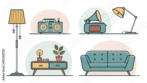 Modern retro home decor icons set with furniture and lighting minimal interior design elements