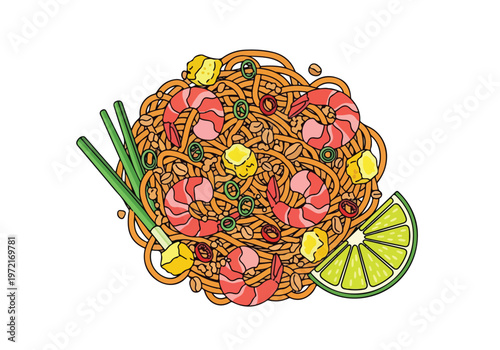 Delicious Pad Thai Noodles with Shrimp and Lime.