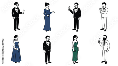 Isometric Cartoon Characters in Formal Attire: Elegant Men and Women for Gala, Party, or Celebration Event