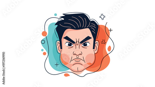 Expressive illustration of an angry man's face with furrowed brows, a frowning mouth, and an intense gaze against a colorful abstract background.