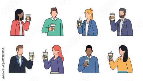 Diverse people enjoying coffee and iced drinks. Flat vector illustration of men and women holding takeaway beverages.