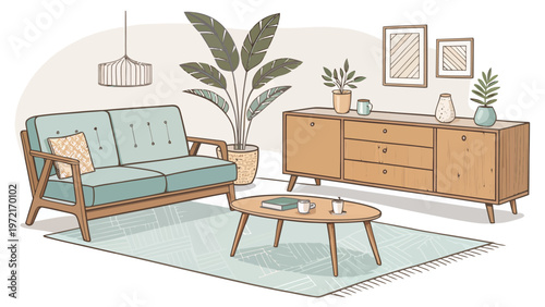 Mid century modern living room interior with sofa coffee table sideboard plant and decor on rug