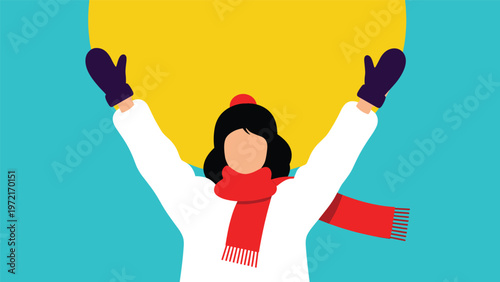 Person wearing winter clothes with arms raised in joy against a bright yellow circular background representing happiness in snow.