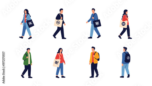 Diverse Group of Casual Pedestrians Walking with Tote Bags and Backpacks. Modern Flat Vector Illustration Set.
