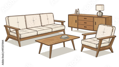 Mid century modern living room furniture set with sofa armchair coffee table and wooden sideboard