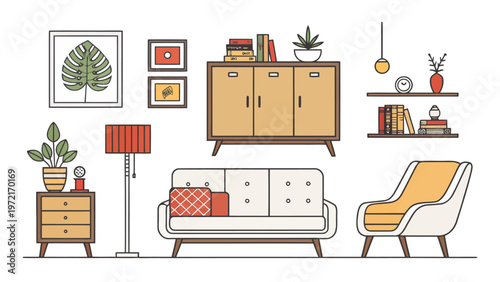 Mid century modern furniture icons set with chair sofa cabinet and decor on white background