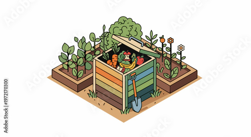Isometric Illustration of a Backyard Composting Bin with Organic Food Scraps and Raised Garden Beds for Sustainable Living