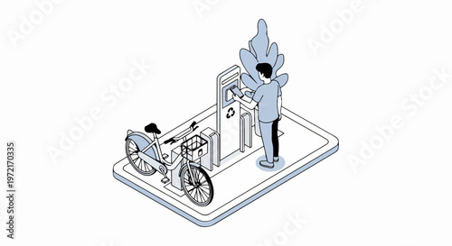 Smart City Bike Sharing Concept: Isometric Illustration of a Man Unlocking a Bicycle via Mobile Phone Payment at an Eco-Friendly Docking Station
