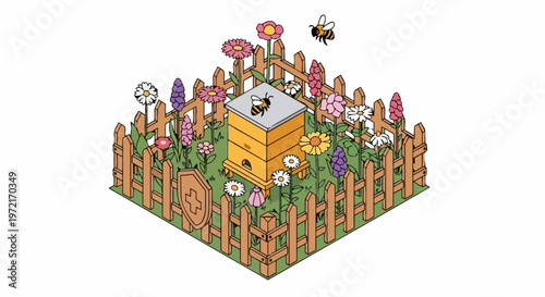 Isometric Beekeeping Illustration: Wooden Hive in a Protected Flower Garden with Honey Bees and Conservation Shield - Biodiversity and Ecology Concept