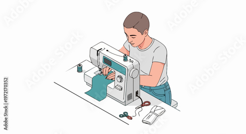 Young person sewing fabric with a modern electric sewing machine, fashion design and tailoring concept illustration on white background