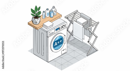 Isometric Laundry Room Illustration with Energy Efficient Washing Machine, Drying Rack, and Detergent Bottles on a White Background