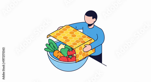 Man Using Reusable Beeswax Food Wrap to Cover Bowl of Fresh Vegetables - Sustainable Kitchen Illustration