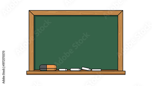 Traditional green blackboard with a wooden frame, featuring a chalk eraser and pieces of white chalk resting on the bottom ledge illustration.