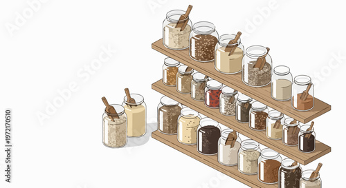 Isometric Illustration of Organized Kitchen Pantry Shelves with Glass Jars of Bulk Grains, Seeds, and Legumes for Zero Waste Living