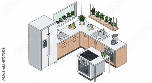 Modern Isometric Kitchen Interior Design Illustration with Fridge, Stove, and Indoor Herb Garden