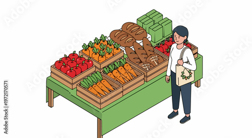 Isometric Illustration of a Woman Shopping at a Farmer's Market Stall with Fresh Produce and Reusable Bag