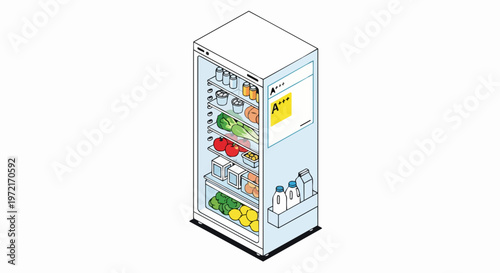 Isometric Refrigerator Filled with Healthy Food and Energy Efficiency Label A+++ on White Background