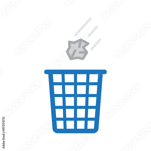 Blue trash bin icon with crumpled paper falling into basket representing waste disposal and recycling concept on white background