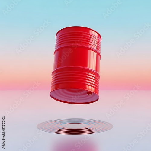 A vibrant red oil drum floating against a soft pastel background with a surreal artistic style. red oil drum
