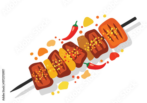 Spicy Grilled Meat Skewer with Chili Peppers and Spices.