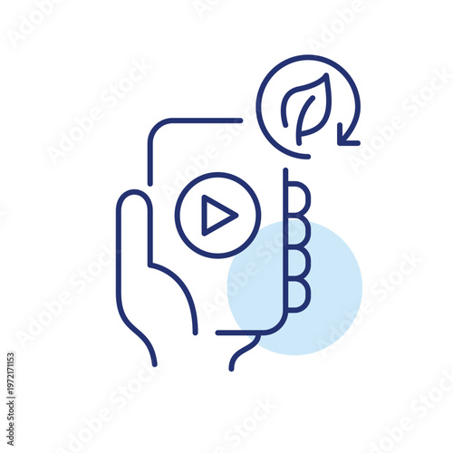 Video playback button on phone, leaf and renew arrow. Pixel perfect, editable stroke vector icon