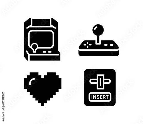 Set of four pixelated icons representing video game elements an arcade machine, a joystick controller, a pixelated heart, and an insert coin slot