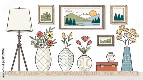 Interior decoration accessories set with vases frames and lamp on shelf home decor items