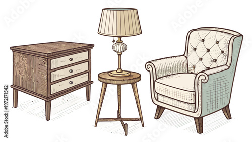 Retro furniture set with chair table lamp and dresser isolated on white background