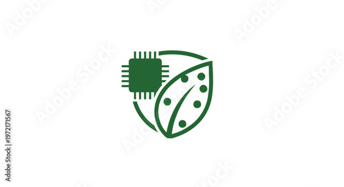 Green Technology Chip and Leaf Symbol Representing Innovation and Nature.