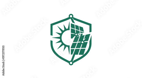 Green solar energy shield logo representing renewable power and sustainability.