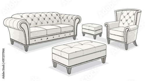 Classic lounge furniture set with sofa chair and ottoman in elegant silhouette