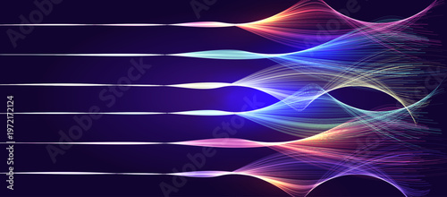 AI Fiber Network Connect Abstract Background. Artificial Intelligence Digital Transformation Data Wave Flow Line. Technology Energy Stream. Futuristic Science Tech. Vector Illustration