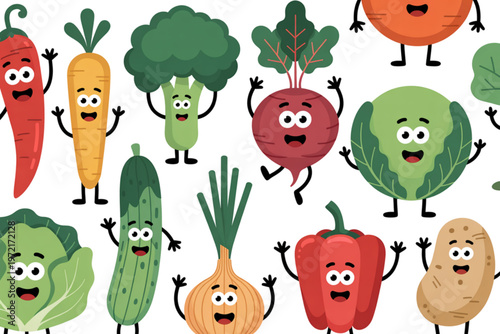 Colorful cartoon vegetables with smiling faces arranged in a playful manner Vector