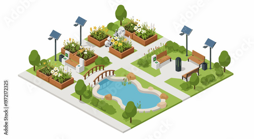 Sustainable Isometric Smart Park with Solar Panels, Robot Gardener, and Pond. Eco-friendly Urban Landscape Design for Future Green Cities.