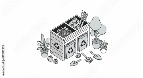 Isometric Garden Compost Bin with Organic Waste Recycling and Gardening Tools Illustration