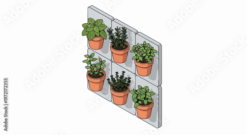 Isometric Modular Vertical Herb Garden with Potted Basil, Rosemary, and Oregano for Urban Indoor Gardening