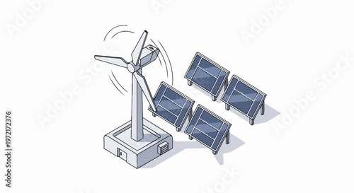 Isometric Illustration of Renewable Energy System with Wind Turbine and Solar Panels, Clean Power Generation Concept for Sustainability