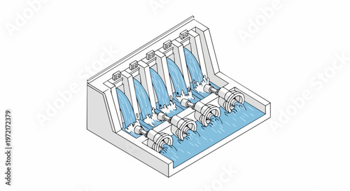 Isometric Hydroelectric Dam Illustration with Water Flowing through Turbines for Renewable Energy Concept