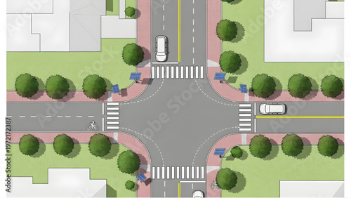 Pedestrian-Friendly Street Plan CAD Top-Down Schematic Trees Bike Lanes Solar Street Lights