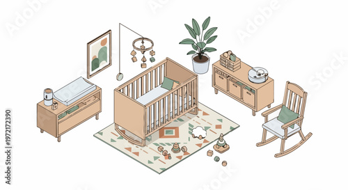 Modern Isometric Baby Nursery Interior Design with Wooden Crib, Rocking Chair, and Scandinavian Decor