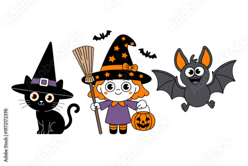 Halloween-themed characters including a witch, cat, and bat with a pumpkin Vector