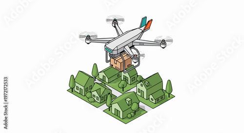 Isometric Delivery Drone Carrying Package Over Suburban Neighborhood, Autonomous Logistics and E-commerce Concept