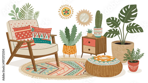 Boho mid century decor set with plants cushions and fur rug in a cozy living room setting with natural textures