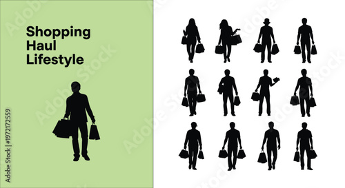 Collection of diverse vector graphic silhouettes illustrating people enjoying their shopping haul lifestyle