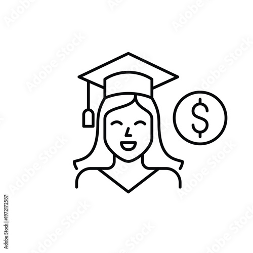Young woman in graduation cap and dollar. Education cost and benefits. Pixel perfect, editable stroke vector icon