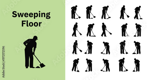 Vector graphic illustration of a person sweeping the floor with a broom and dustpan movements