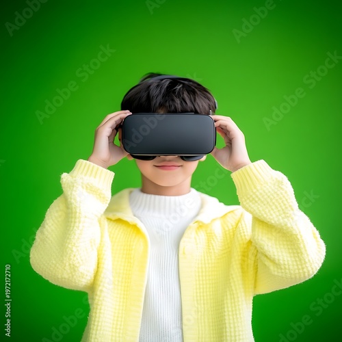 Young Child Wearing Virtual Reality Headset with Bright Green Background in Modern Indoor Setting