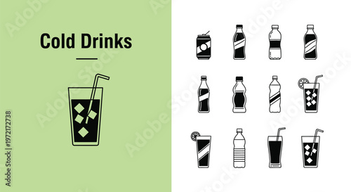 Set of black vector icons showing various cold drinks inside glasses and plastic water bottles